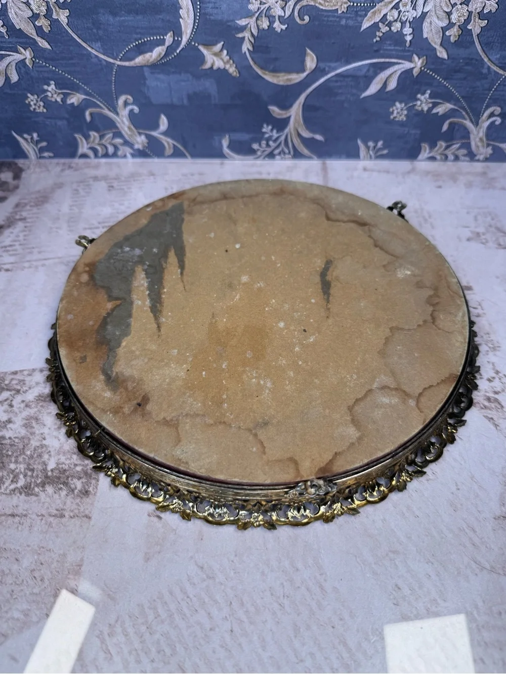 Vintage Round Gold Filigree Mirrored Vanity Tray Hollywood Regency 9 Inch